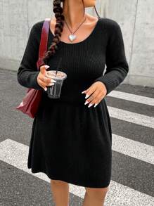 SHEIN EZwear Plus Size Solid Color Cinched Waist Sweater Dress, Autumn/Winter - Black - View 5