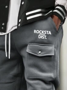 Manfinity Homme Men's Letter Print Drawstring Waist Cargo Pocket Casual Sweatpants, For Rave - Dark Grey - View 4