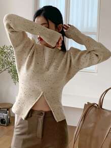 DAZY 女式超大荷叶边下摆长袖花卉雪纺毛衣秋季