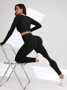 SHEIN Dewbera Bộ đồ tập thể thao nữ, quần legging nữ, cổ tròn dài tay, màu trơn, giản dị, đơn giản - màu đen - Xem 4