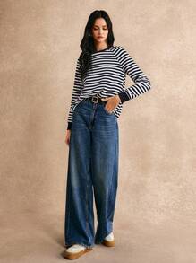 Poéselle Sọc Tay Raglan Áo thun - Màu xanh hải quân - Xem 6