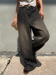 DAZY 女式复古水洗宽松直筒牛仔裤 - 深色水洗藍 - 查看 7