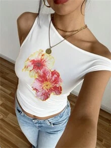 INAWLY 女士花卉印花褶皱修身不对称领口 T 恤 - 彩色 - 查看 1