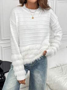Chiquease Elegant Fluffy Long Sleeve Round Neck Solid Color Sweater For Women, Knit Pullover Fall Winter - White - View 1