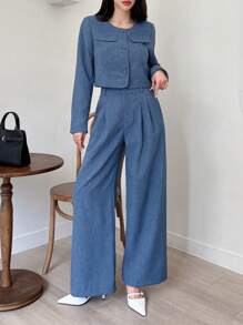 DAZY 女士两件套：圆领长袖短款外套和阔腿裤，秋季服装，返校季休闲套装