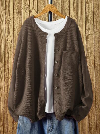 Franclia Plus Size Women Solid Drop Shoulder Long Sleeve Single-Breasted Pocket Casual Cardigan, Autumn/Winter Fall Cloth For Women