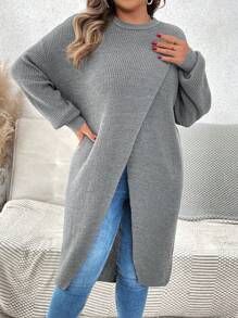 SHEIN VCAY Plus Size Women Casual Daily Solid Color Side Slit Relaxed Fit Sweater, Autumn/Winter - Dark Grey - View 4