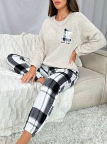 女士字母格子卡通熊刺绣细节羊羔绒上衣和格子裤蓬松睡衣套装，秋冬服装，舒适保暖 - 彩色 - 查看 5