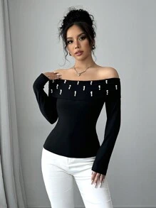 Elenzga 1pc Women Off-Shoulder Elegant Beaded Decor Top, Suitable For Autumn/Winter