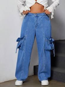 SHEIN ICON Plus Size Women Cargo Pocket Straight Leg Casual Jeans