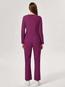 TaskEZ 2 件套女式纯色圆领长袖口袋上衣和裤子护士服套装