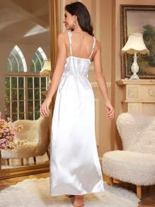 Sexy Lace Embroidered Slit Women Nightgown - White - View 2
