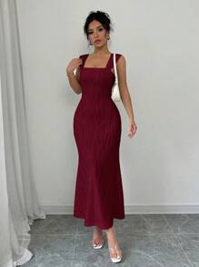 Elenzga 1 件女士性感纯色纹理方领露背系带鱼尾下摆修身连衣裙酒红色长款女装 - 酒紅色 - 查看 5