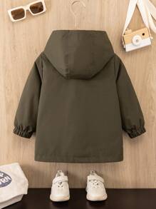 Baby Boy Casual Solid Color Double Pocket Hoodie Jacket, Suitable For Autumn - Army Green - View 2