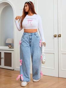 CovetEZ 大码休闲直筒牛仔裤，带蝴蝶结装饰和侧袋，适合春秋季节