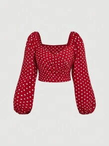 SHEIN MOD Plus Size Vintage Red Polka Dot Crossover Back Tie Bow Lantern Sleeve Blouse