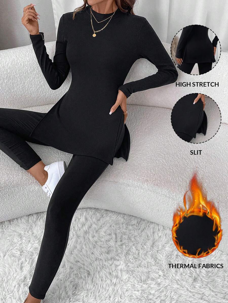SHEIN LUNE 2pcs Women's Side Slit Figure-Hugging T-Shirt And Skinny Leggings Casual Sports Loungewear Set, Thermal Lined Warm For Autumn Winter - Black - View 1