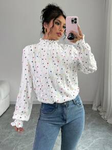 Calvaya Camiseta ajustada de mujer de cuello alto con mangas largas, adorno de volantes y gráfico de corazón colorido, para otoño e invierno