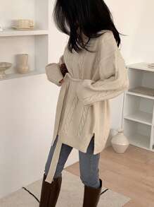 DAZY 女式 V 领宽松麻花针织收腰套头衫，秋季女装