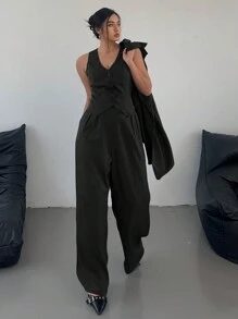 Vibekara 3-Piece Set: Plus Size Lapel Collar V-Neck Vest And Straight Leg Pants, Commuter Style In Dark Gray Fall Cloth For Women Autumn - Black - View 3