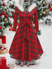 SHEIN Clasi 大码女式圣诞红色格子毛领修腰长袖连衣裙，秋季新年服装长款女装 - 紅色 - 查看 1