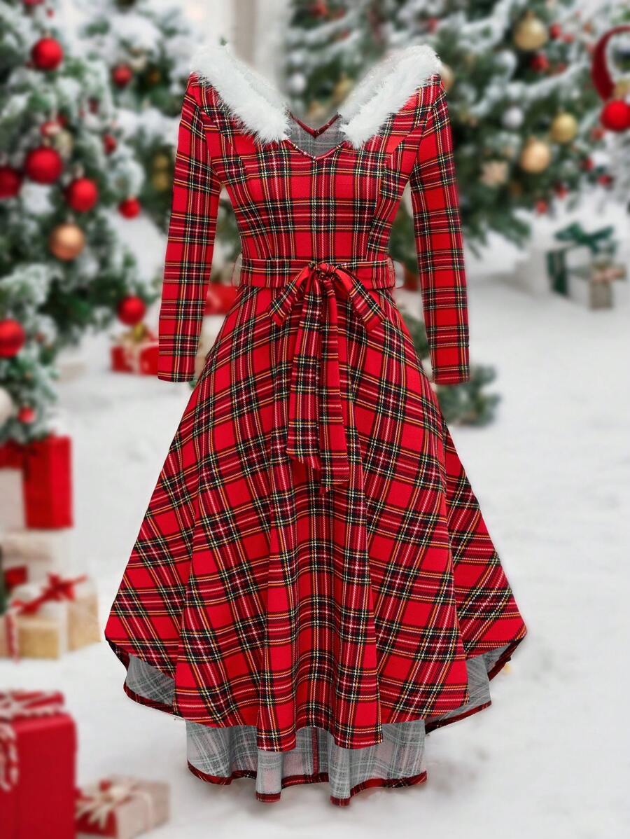 SHEIN Clasi 大码女式圣诞红色格子毛领修腰长袖连衣裙，秋季新年服装长款女装 - 紅色 - 查看 1