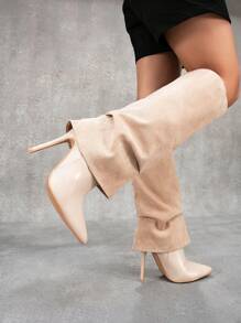 CUCCOO SZL Pointed Toe Sexy Suede Stiletto Knee High Boots, Apricot Color, For New Year, Christmas - Apricot - View 4