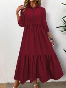 SHEIN LUNE 女士优雅简约纽扣半襟荷叶边下摆连衣裙，秋季酒红色长款女装 - 酒紅色 - 查看 3