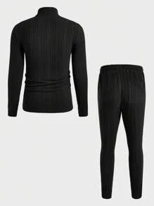 Manfinity VCAY Set de 2 piezas que incluye camiseta de manga larga ajustada de cuello redondo de punto y pantalones rectos casuales para uso diario de hombres - Negro - Ver 2