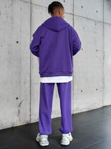 PAVTROS 男士字母印花拉链抽绳连帽运动衫和裤子休闲两件套，春秋装，男士两件套服装，男士运动服，返校服装，紫色运动衫 - 紫色 - 查看 2