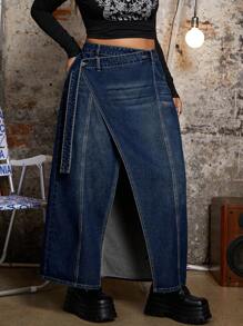 SHEIN ICON Váy chữ A denim cạp chéo màu trơn cỡ lớn - Rửa tối - Xem 4