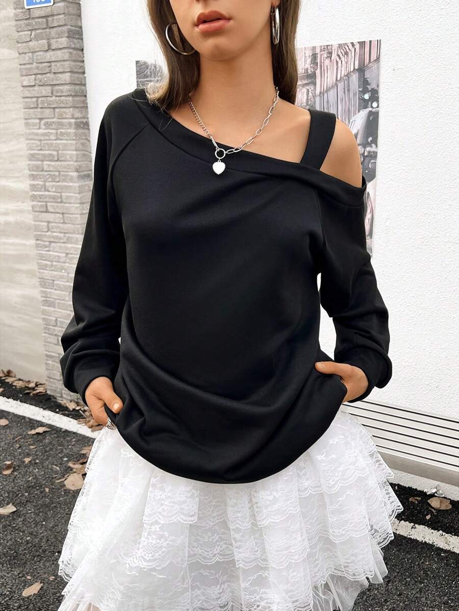 INAWLY Áo nỉ nữ dáng rộng, màu trơn, vai lệch, tay dài, thích hợp mặc mùa xuân thu. - màu đen - Xem 1