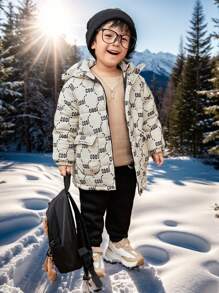 1pc Young Boy Casual Allover Print Padded Coat,Thick Warm Mid-Length Quilted Coat,Winter,Career Day,Back-To-School,Daily Wear,School,Outings,Sports - Black - View 3