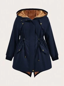 SHEIN LUNE Áo khoác dài tay có dây rút eo cỡ lớn cho nữ, áo khoác nỉ, quần áo mùa đông cho nữ, quần áo mùa đông - Màu xanh hải quân - Xem 12