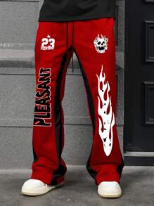 Manfinity EMRG 男士秋季休闲运动字母印花拼色抽绳腰阔腿运动裤 - 紅色 - 查看 1