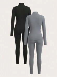 SHEIN EZwear Bộ trang phục thể thao 4 món cho nữ áo khoác khóa kéo tối giản màu trơn và quần legging bó - Nhiều màu - Xem 2