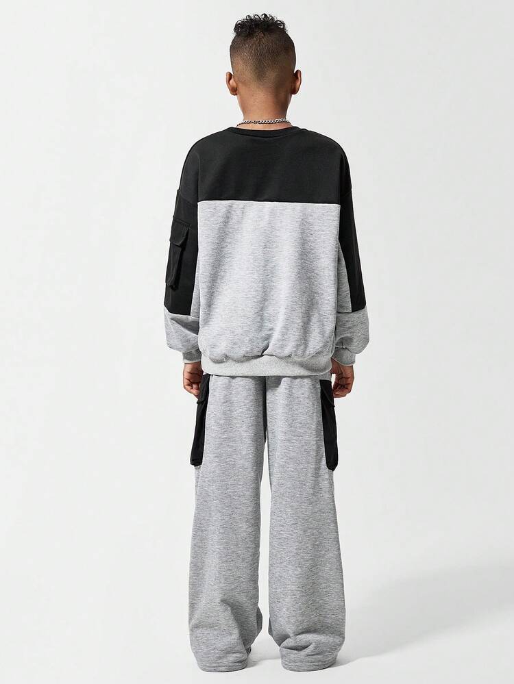 SHEIN 两件套，适合青少年男孩，休闲拼接口袋宽松版型 - 霧霾藍 - 查看 2
