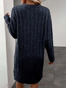 SHEIN LUNE 女士纯色落肩宽松开衩罗纹针织毛衣连衣裙