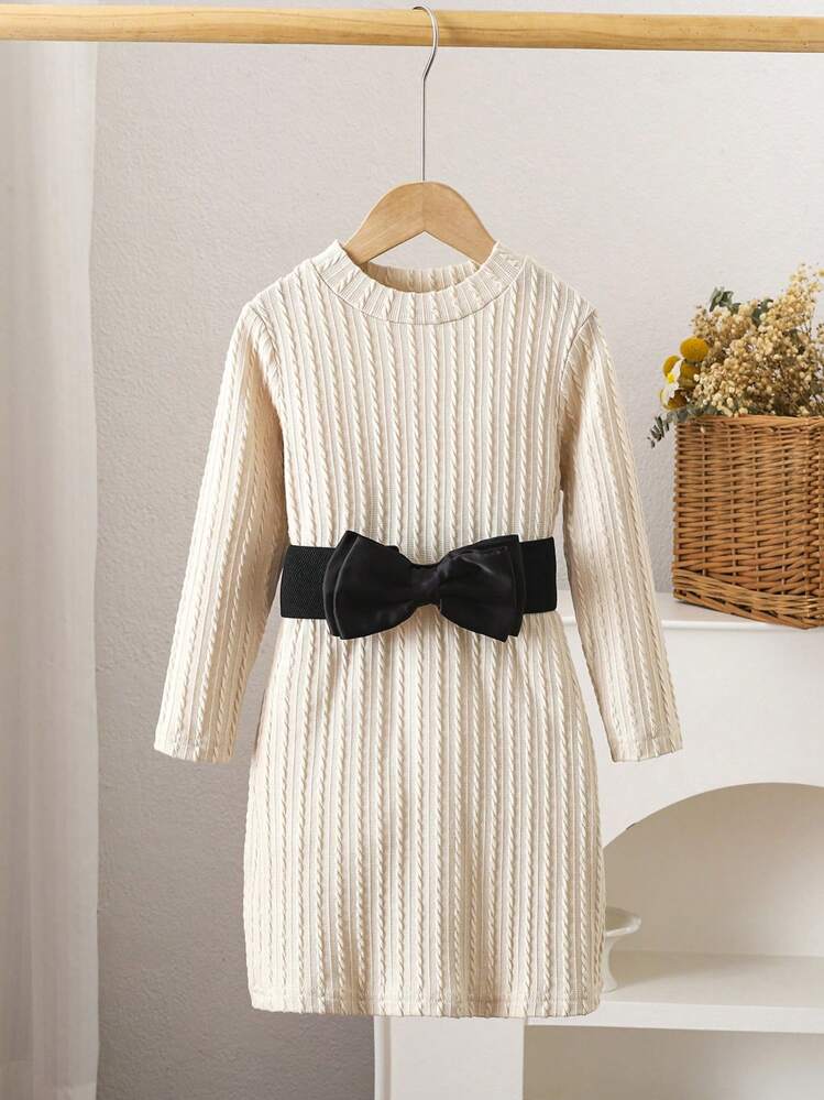 SHEIN Young Girl Embossed Texture Fashion Casual Dress With Adjustable Belt - Apricot - View 3