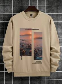 Manfinity Homme Men's Graphic & Letter Print Round Neck Long Sleeve Sweatshirt - Khaki - View 3