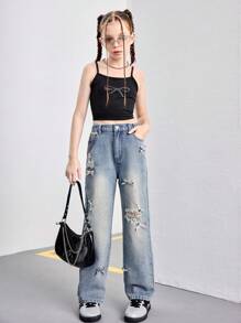 Girls Loose Washed Denim Wide Leg Jeans With Cute Silver Butterfly Decor, Versatile All-Match Casual Fashion Item For All Year Round - Medium Wash - View 4