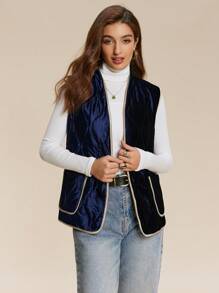 SHEIN Unity Women's Contrast Trim Belted Winter Clothes Padded Vest Puffer Jacket With Pockets - Navy Blue - View 5