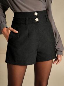 Anewsta French Elegant Style High Waist Wide Leg Casual Shorts For Women - Black - View 1