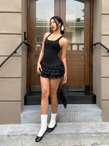 INAWLY Váy yếm nữ phong cách ballet có xếp ly - màu đen - Xem 5