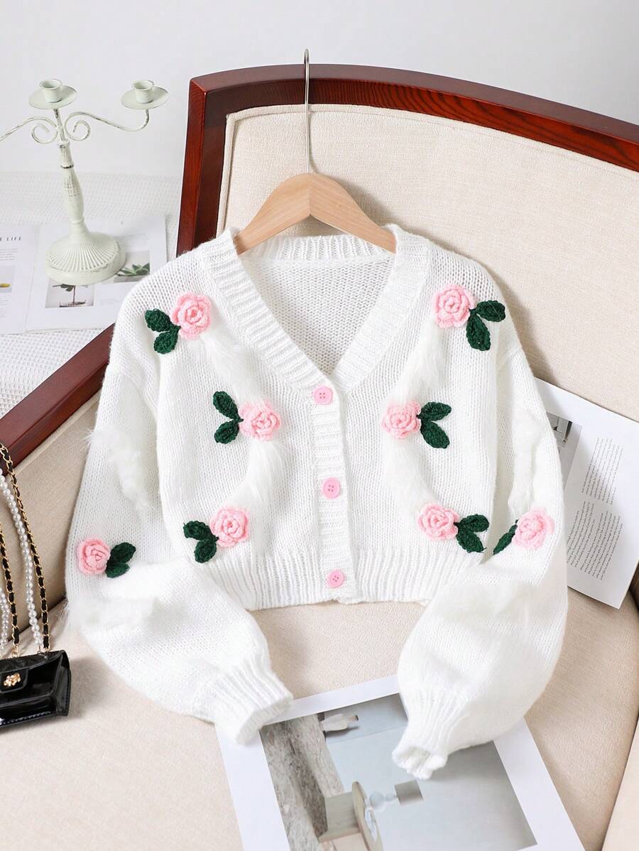 SHEIN Tween Girls Autumn/Winter Cardigan With 3D Floral Decor, New Arrival - White - View 1