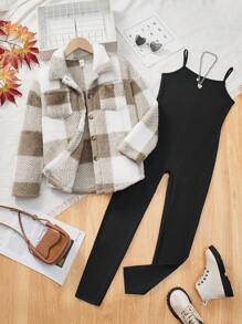 青少年女孩时尚双面格子长袖开衫夹克和围兜裤套装，加厚羊毛 - 彩色 - 查看 1