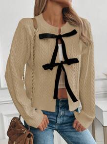 SHEIN Unity Cardigan Minimalis Lengan Panjang dengan Desain Kasual dan Tali Pengikat untuk Wanita, Cocok untuk Musim Gugur. - Aprikot - View 5
