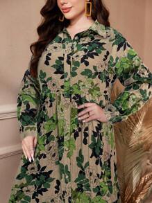 Al Najma Plus Size Women Botanical Print Long Sleeve Single Breasted Dress, Arabic Clothing, Casual,Modest For Casual Daily/Travel/Holiday/Vacation/Homewear, Maxi Length Plus Size Arabian Wear