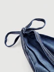 SHEIN MOD 大码女式蓝色牛仔蝴蝶结肩衬衫 - 深色水洗藍 - 查看 3