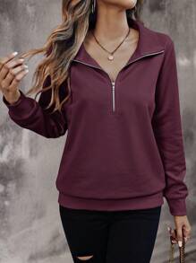 SHEIN LUNE 纯色 Polo 领半拉链长袖休闲卫衣，长袖上衣，毕业季、教师节、返校季套头衫 - 酒紅色 - 查看 3